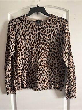 Madison Studio Cashmere Leopard Print Crewneck Sweater in Tan and Black